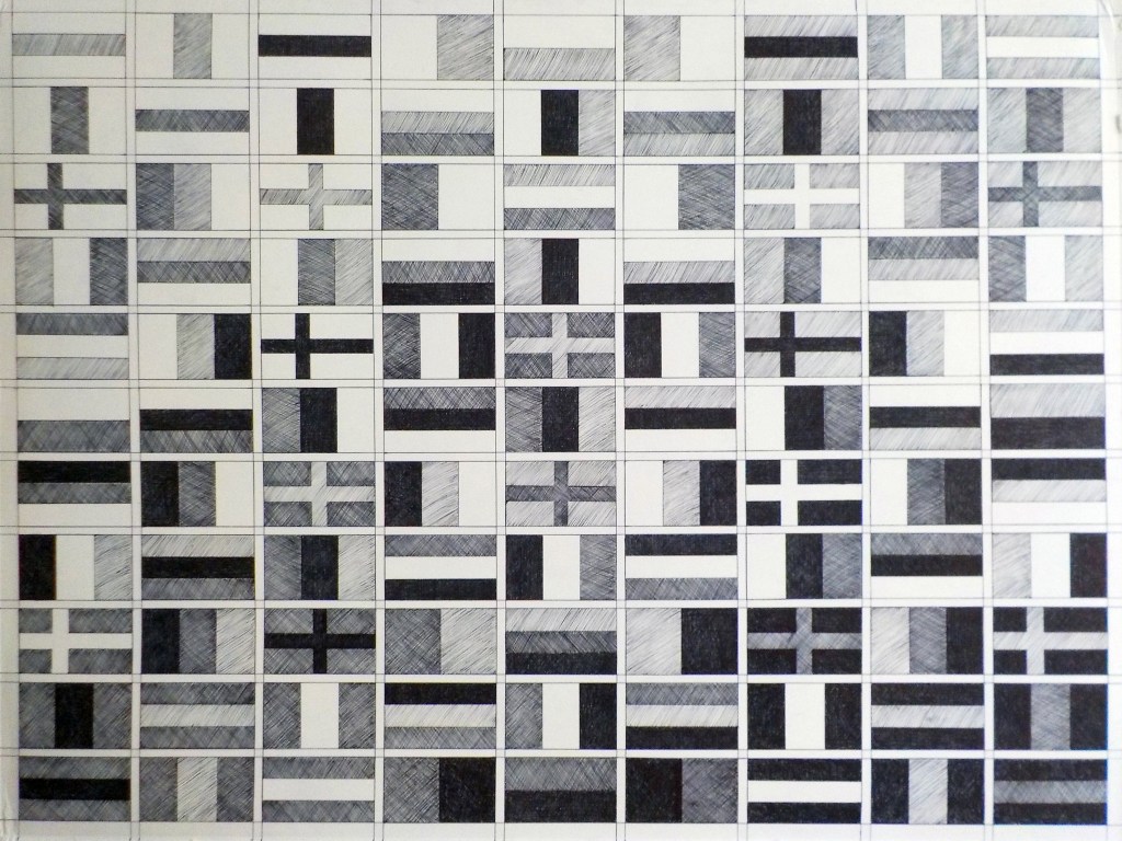 99 black and white flags in a harmonious arrangement